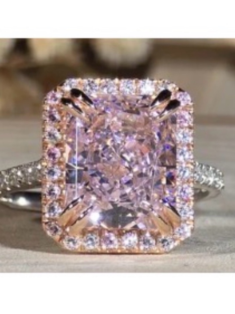 925 Silver Radiant Pink Cushion Halo Ring — Women's Jewelry - Picture 4 of 9